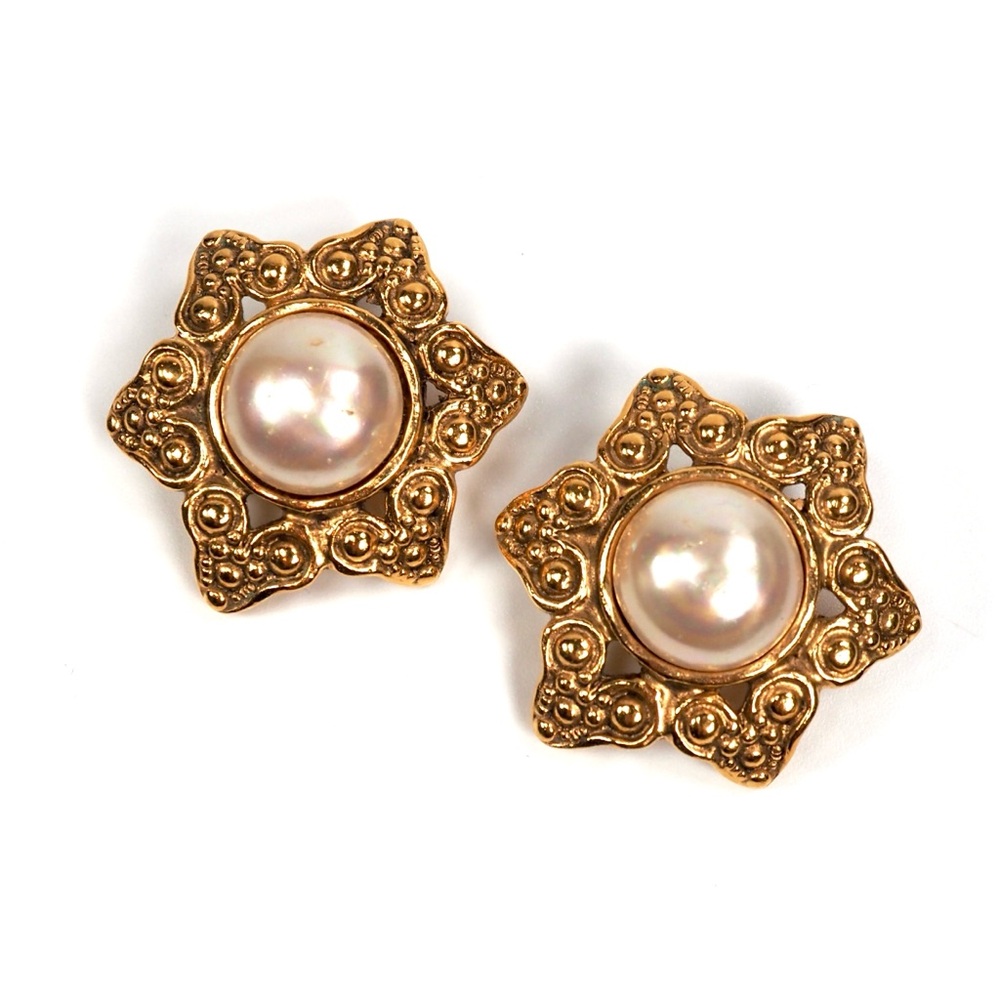 Chanel Vintage Faux Pearl and Gold and Pearl Flower Design Earrings